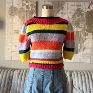 Free People‎ Multicolor Striped Wool Blend Knit Sweater Puff Sleeve XS